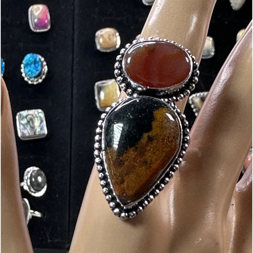 ๐ Large Jasper and carnelian double gemstone silver plated ring โ size 9